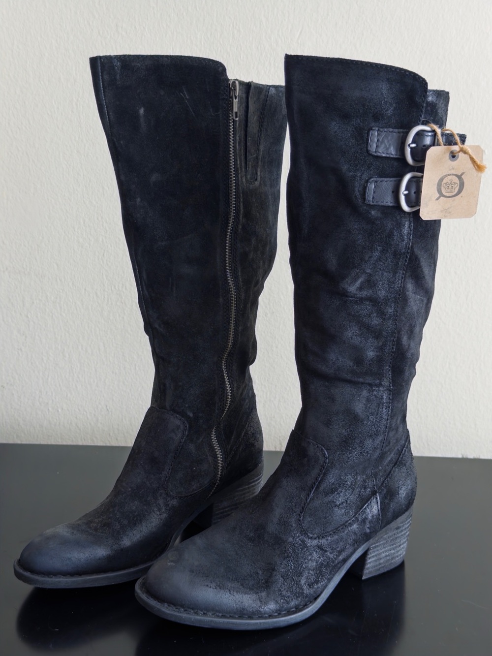 Black Suede Women's Knee-High Boots with Buckle Detail